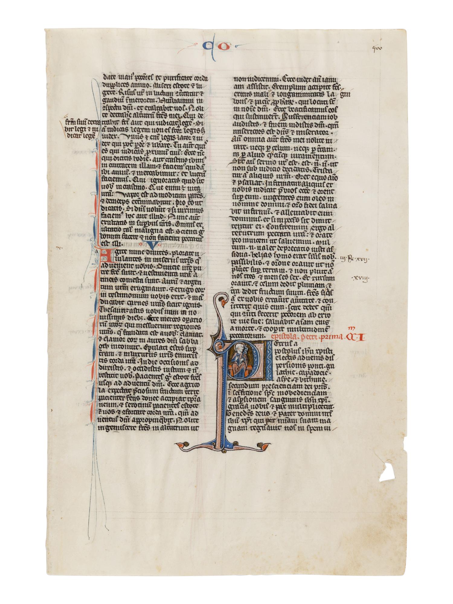 JOHANNES GRUSCH ATELIER (active Paris, c. 1235–1270) A leaf from the “Josephinum” Bible, with a historiated initial ‘P’ of Saint Peter holding a key, in Latin, illuminated manuscript on parchment [France, Paris, c. 1250]