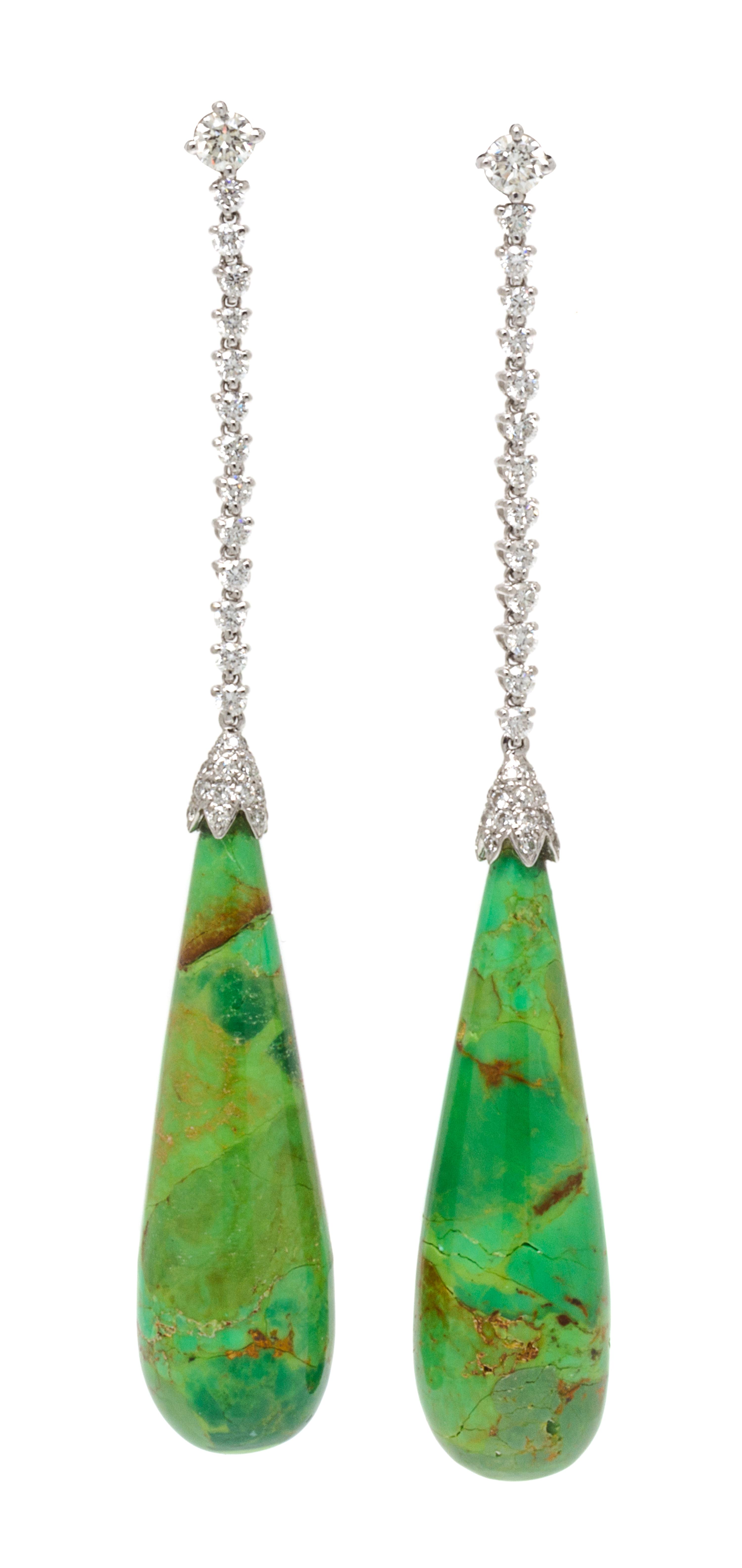 A Pair of 18 Karat White Gold, Diamond and Variscite Pendant Earrings, 10.50 dwts.