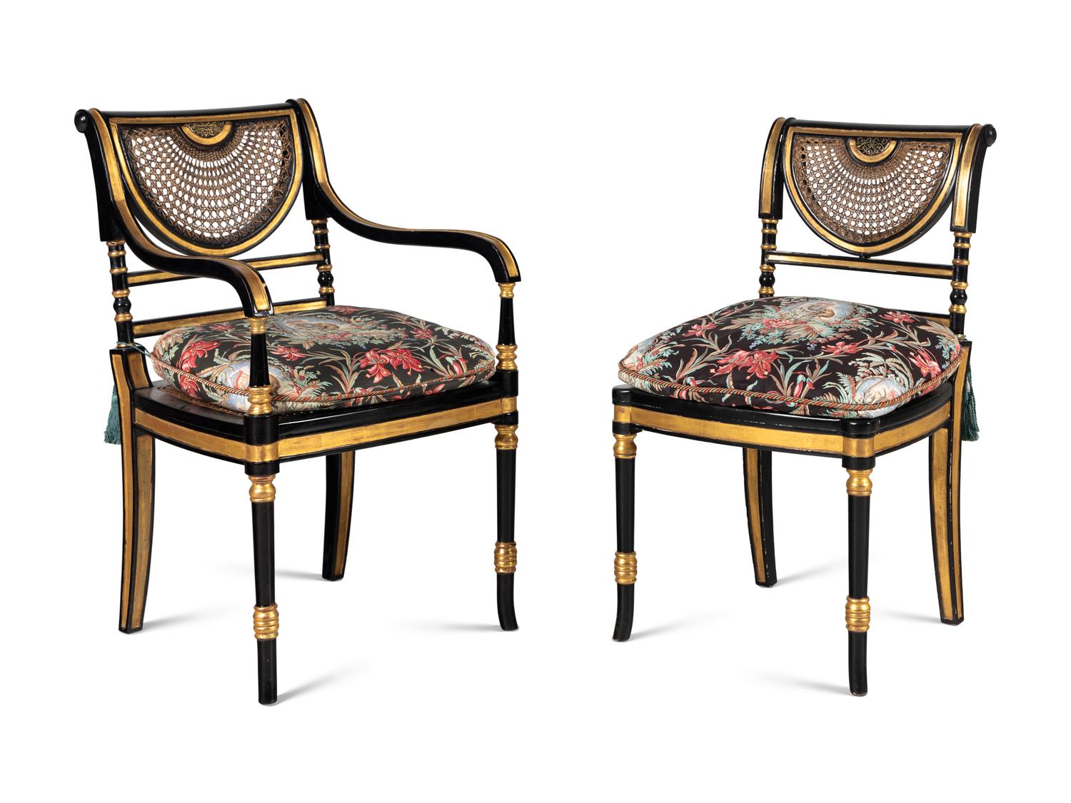 A Set of Ten Regency Style Black-Painted and Parcel Gilt Dining Chairs