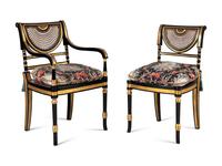 A Set of Ten Regency Style Black-Painted and Parcel Gilt Dining Chairs