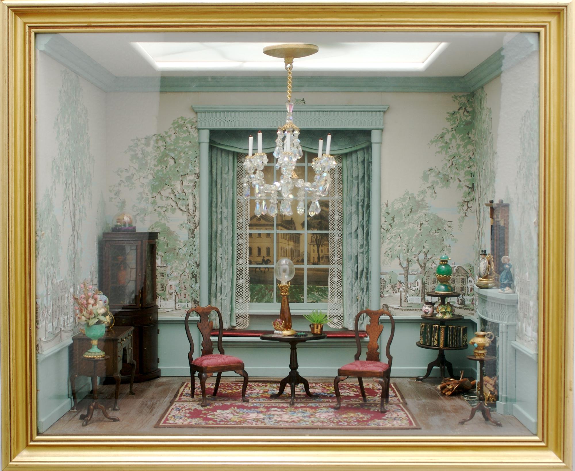 A Narcissa Thorne Shadow Box Diorama of an English Parlor, Height 14 1/4 x width 17 1/2 x depth 14 1/2 inches.