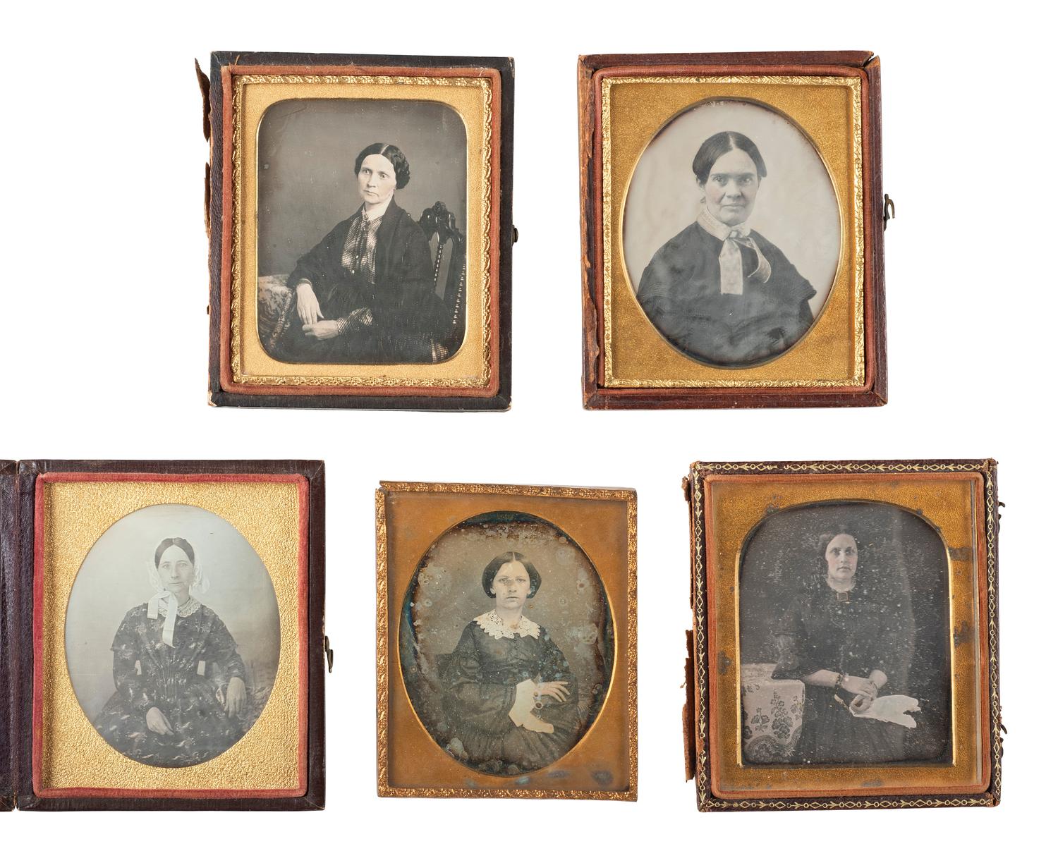 35 sixth plate daguerreotypes featuring women of varying ages.