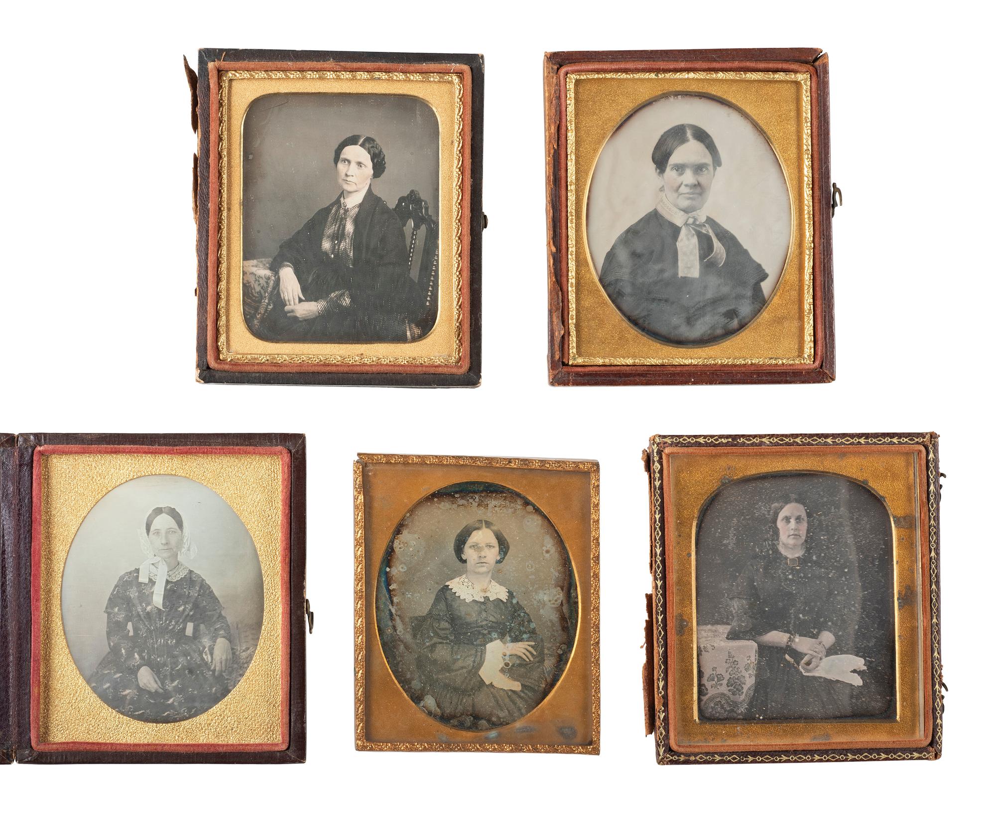 35 sixth plate daguerreotypes featuring women of varying ages.