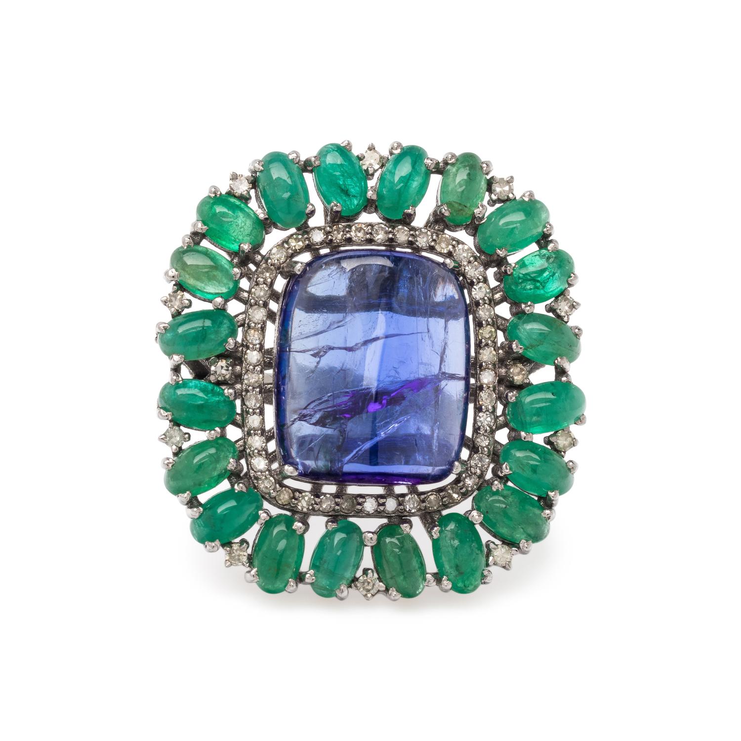 TANZANITE, EMERALD AND DIAMOND RING