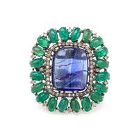 TANZANITE, EMERALD AND DIAMOND RING