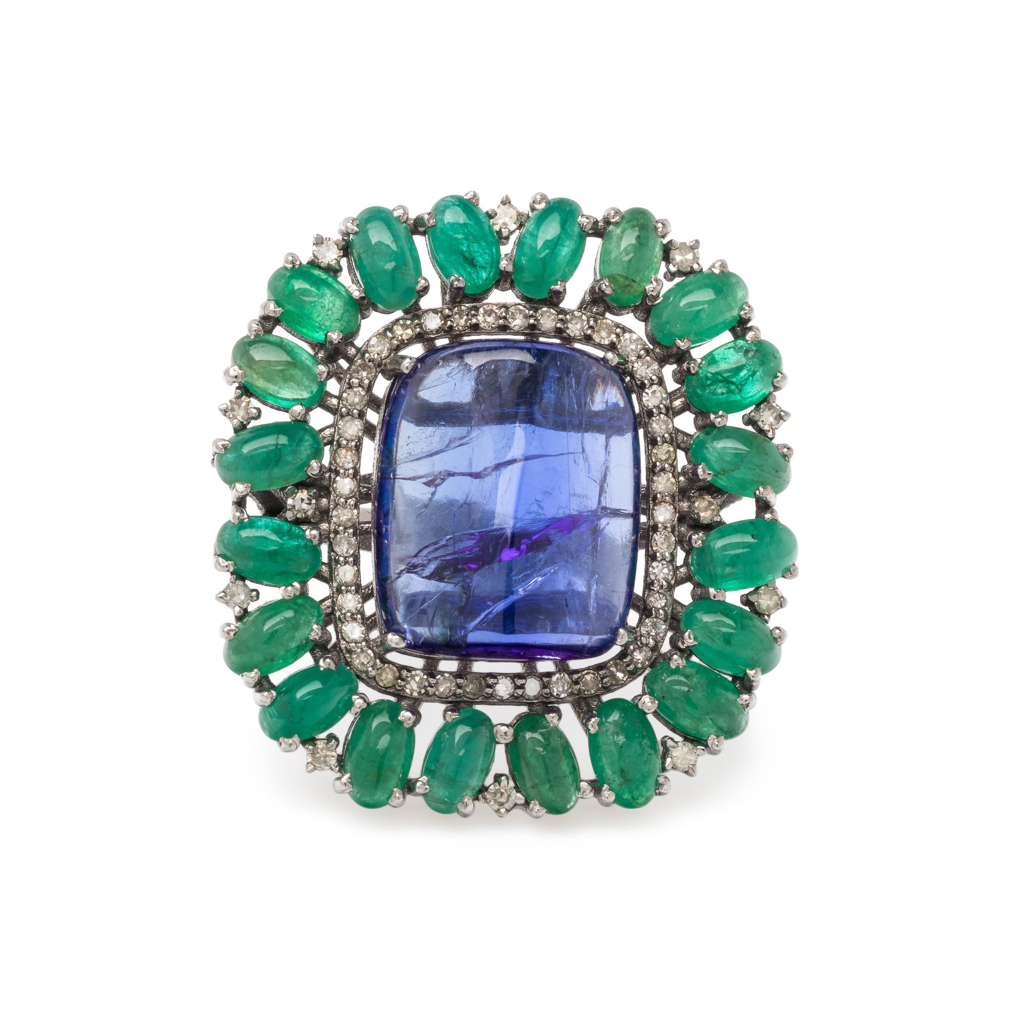 TANZANITE, EMERALD AND DIAMOND RING