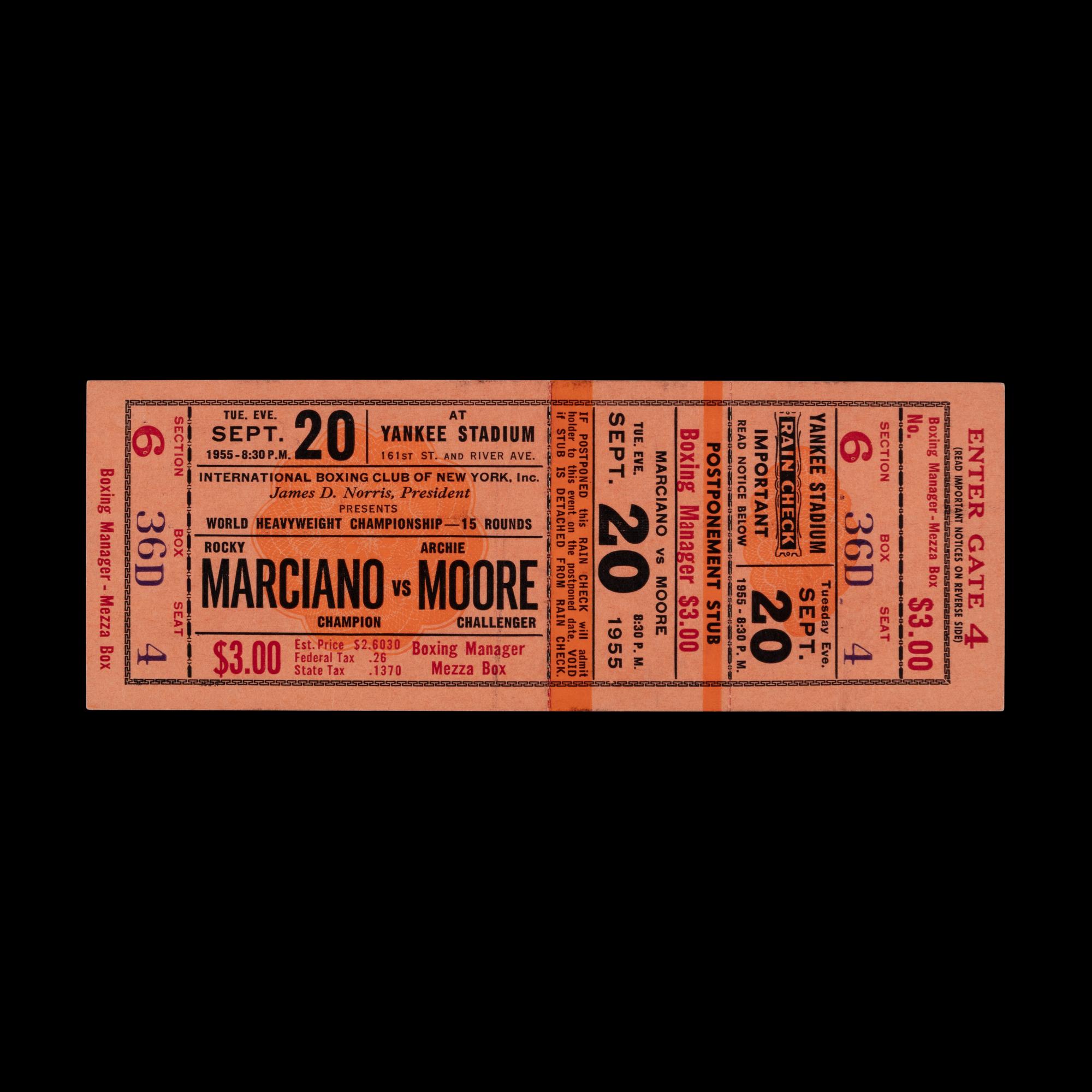 A Sept. 20, 1955 Rocky Marciano vs. Archie Moore World Heavyweight Championship Boxing Ticket – Final Bout of Marciano's Historic 49-0 Career
