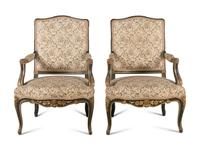 A Pair of Italian Rococo Style Painted and Parcel Gilt Fauteuils