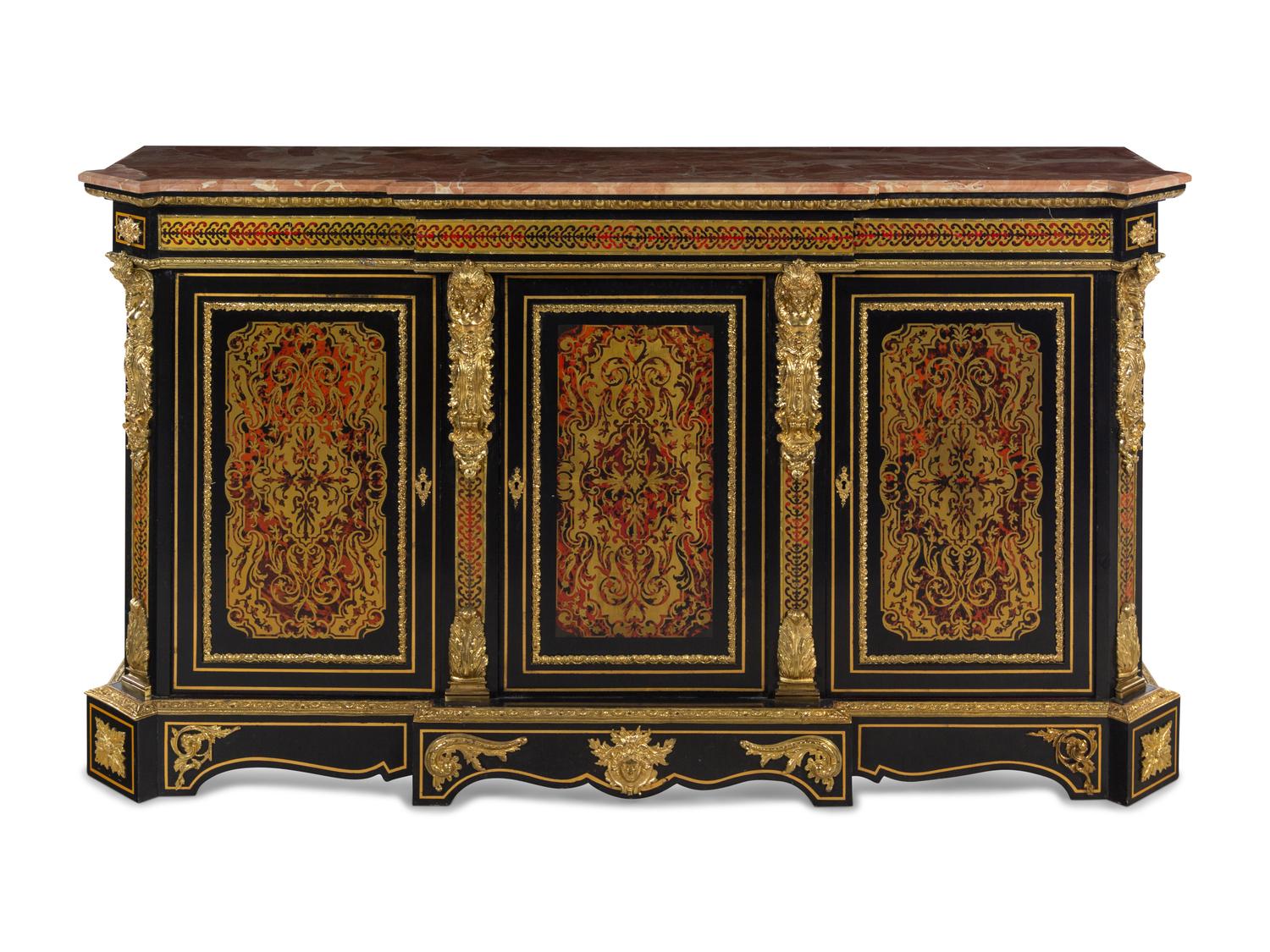 A Napoleon III Style Simulated Tortoiseshell and Brass Inlaid Marble-Top Sideboard