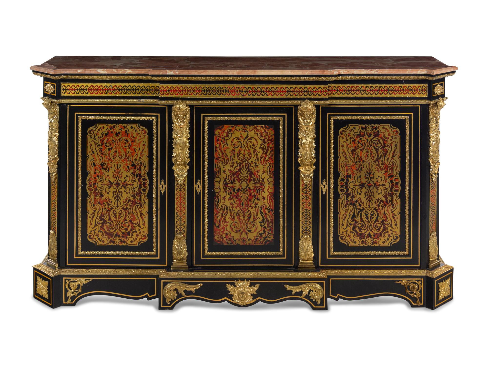 A Napoleon III Style Simulated Tortoiseshell and Brass Inlaid Marble-Top Sideboard