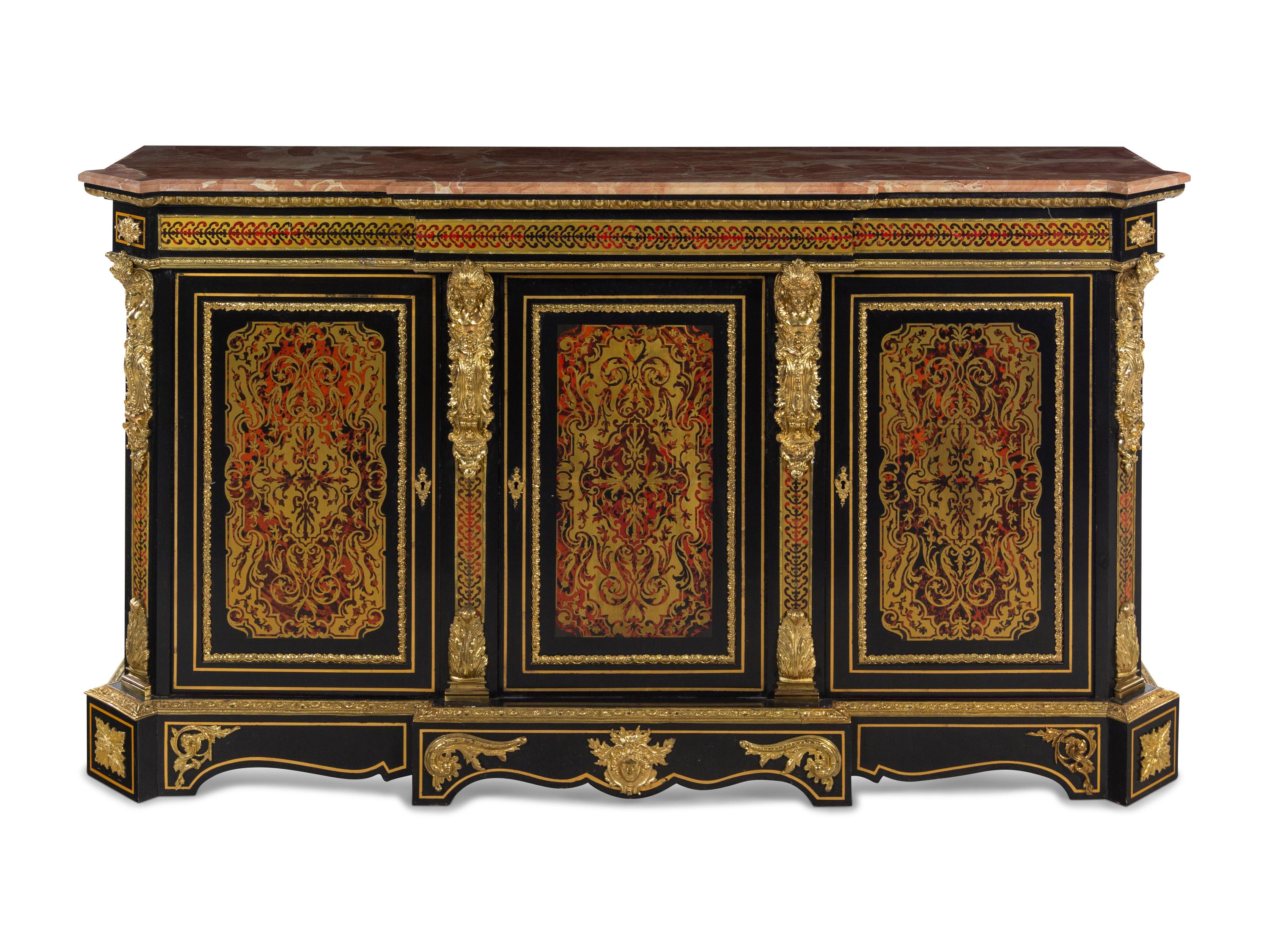 A Napoleon III Style Simulated Tortoiseshell and Brass Inlaid Marble-Top Sideboard