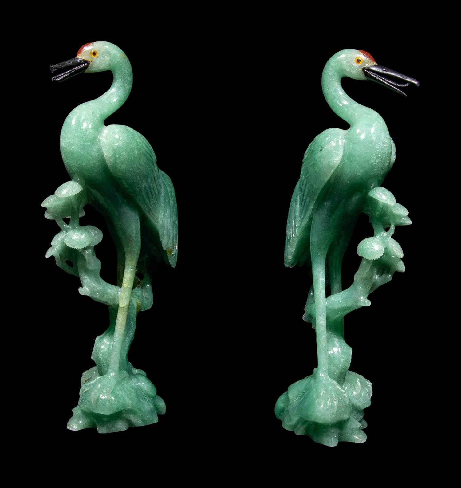 A Pair of Chinese Green Quartz Figures of Cranes