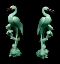A Pair of Chinese Green Quartz Figures of Cranes