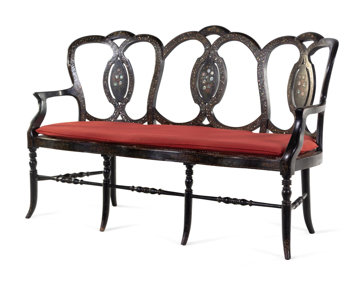 A French Painted and Mother-of-Pearl Inlaid Black Painted Hall Bench