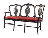 A French Painted and Mother-of-Pearl Inlaid Black Painted Hall Bench