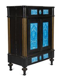 A Continental Blue Faience-Mounted Ebonized Cabinet