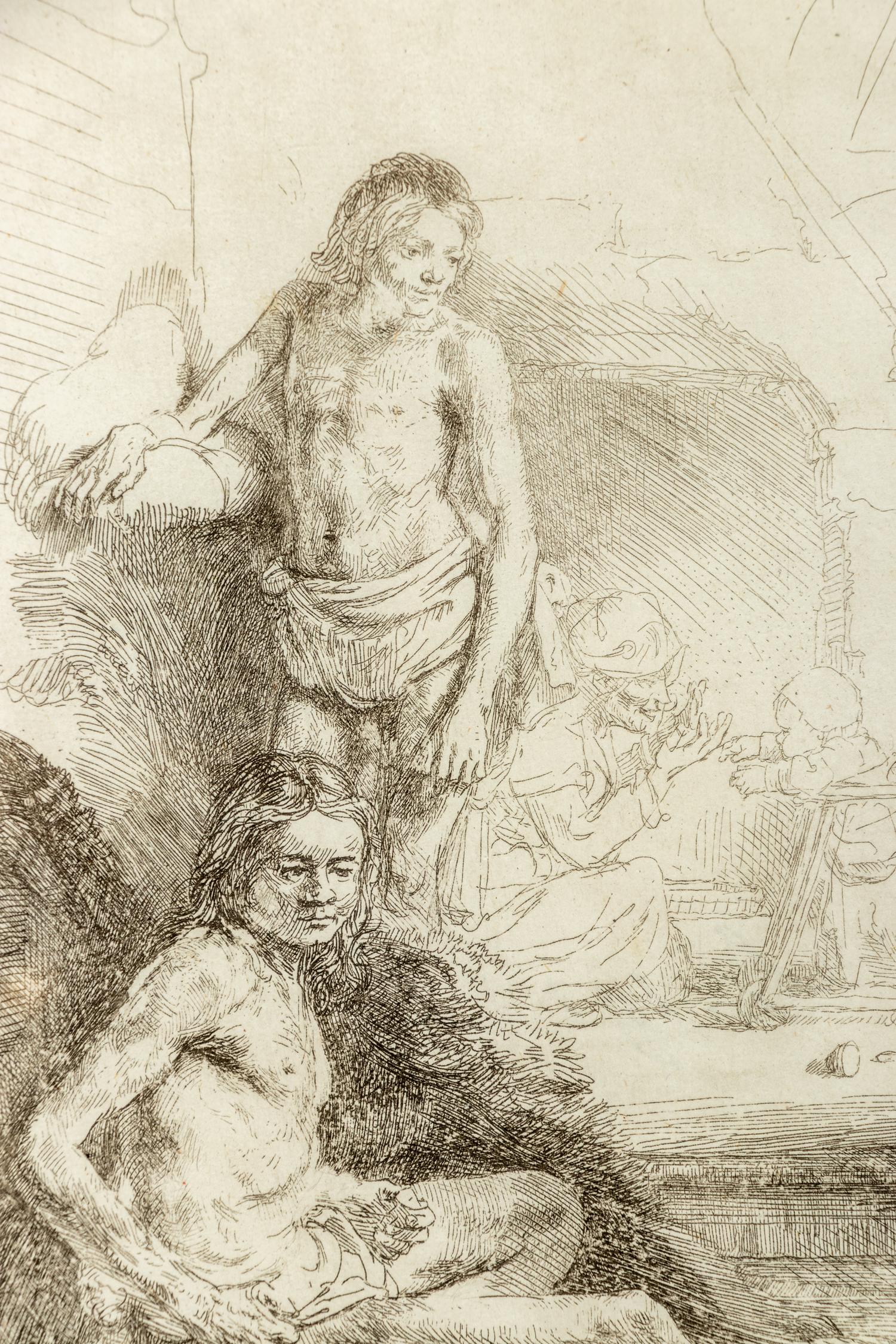 Nude Man Seated and Another Standing with a Woman and a Baby , ca. 1646