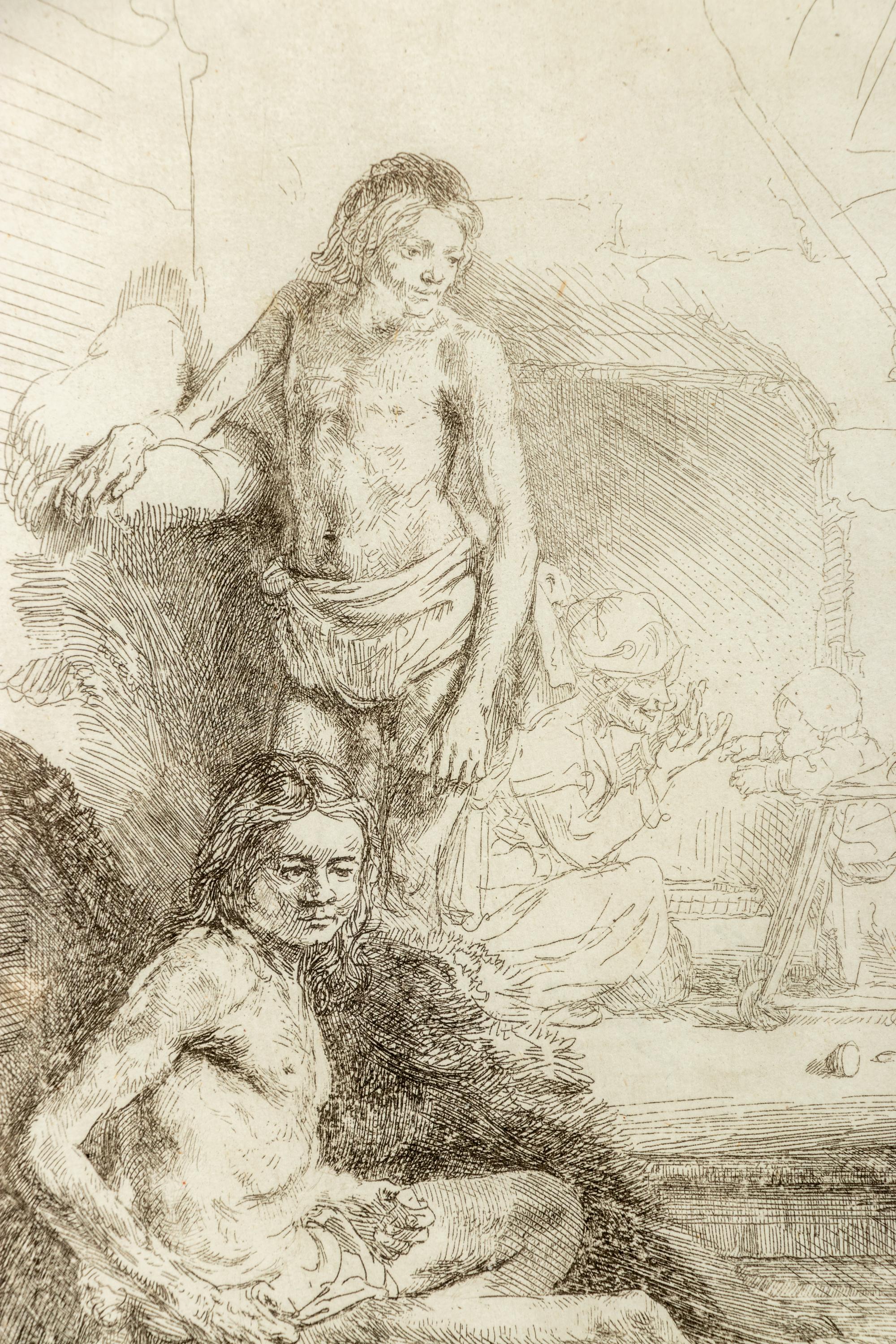 Nude Man Seated and Another Standing with a Woman and a Baby , ca. 1646