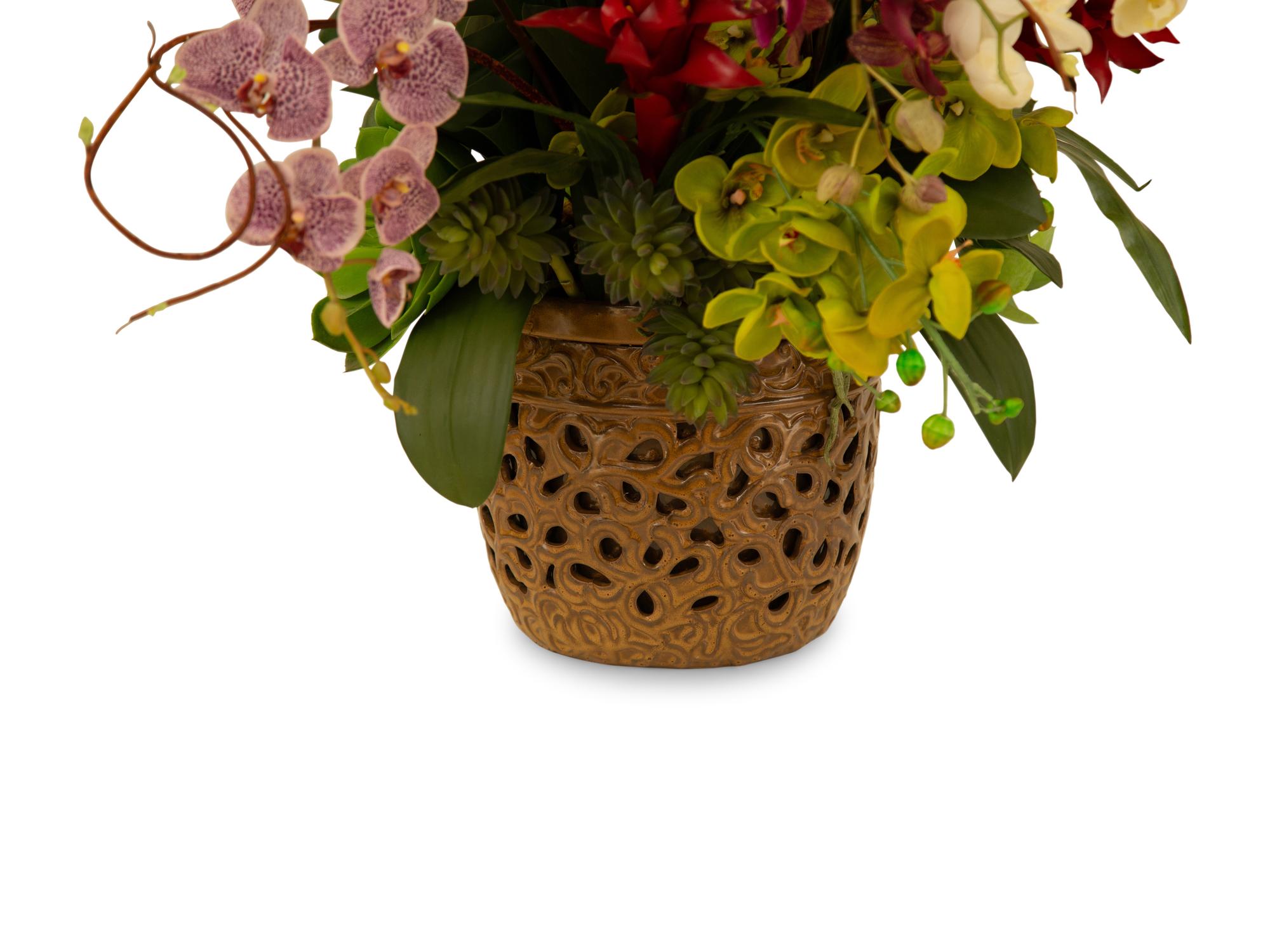 A Faux Orchid Floral Arrangement in a Ceramic Pot — 20th Century