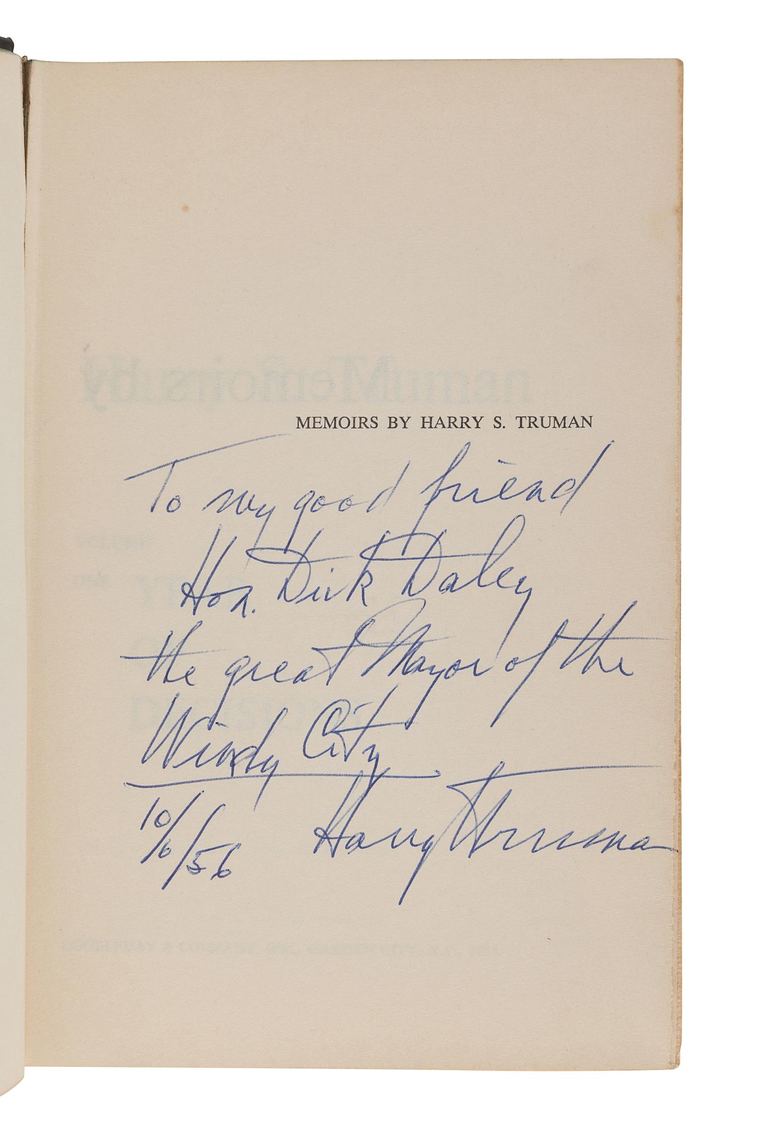 [CHICAGO] -- [DALEY, Richard J. (1902-1976), his copy]. TRUMAN, Harry S. (1884-1972). Memoirs: Year of Decisions. Garden City, New York: Doubleday & Company, Inc., 1955.