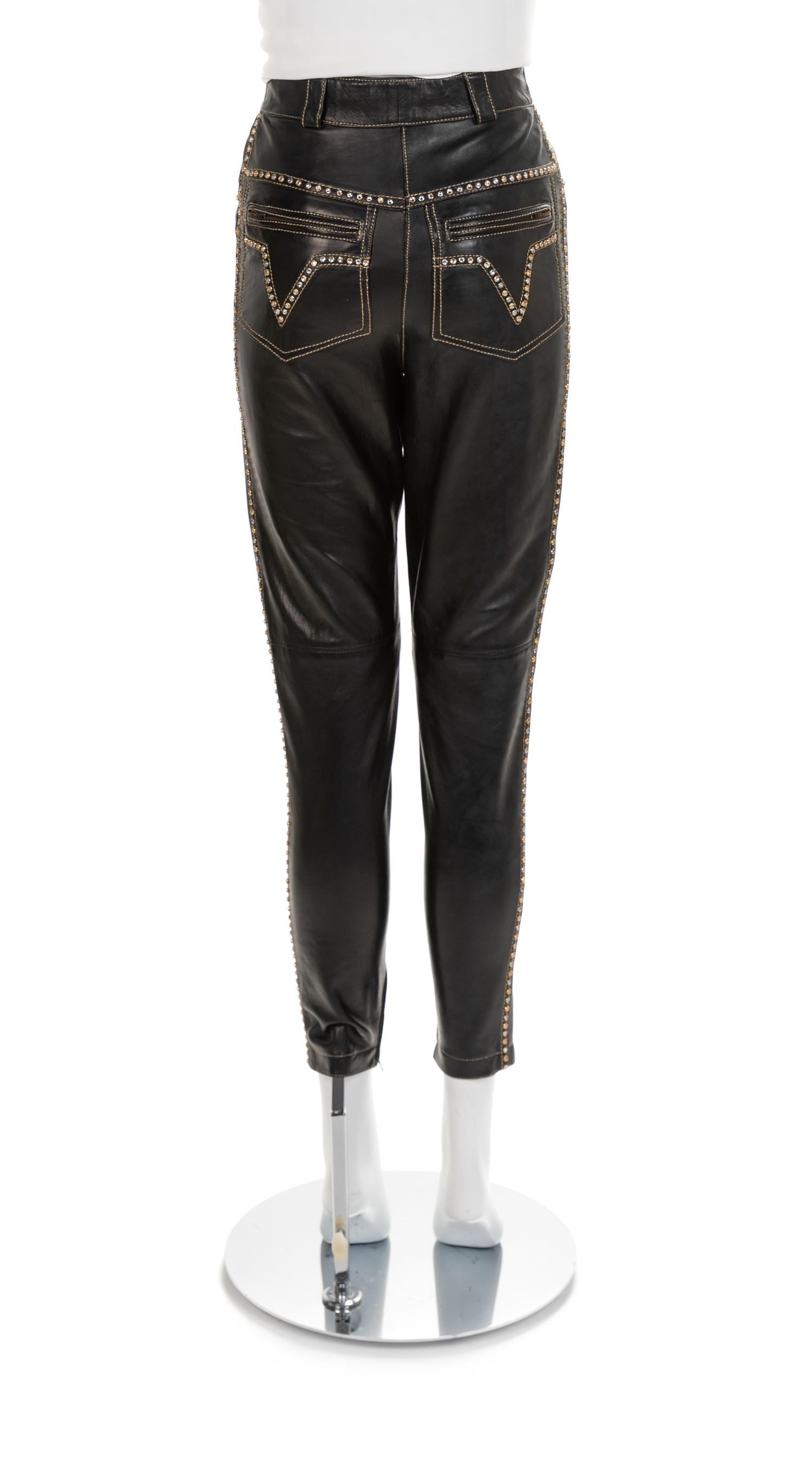 Gianni Versace Black Leather Pants with Rhinestones, 1990s No size label