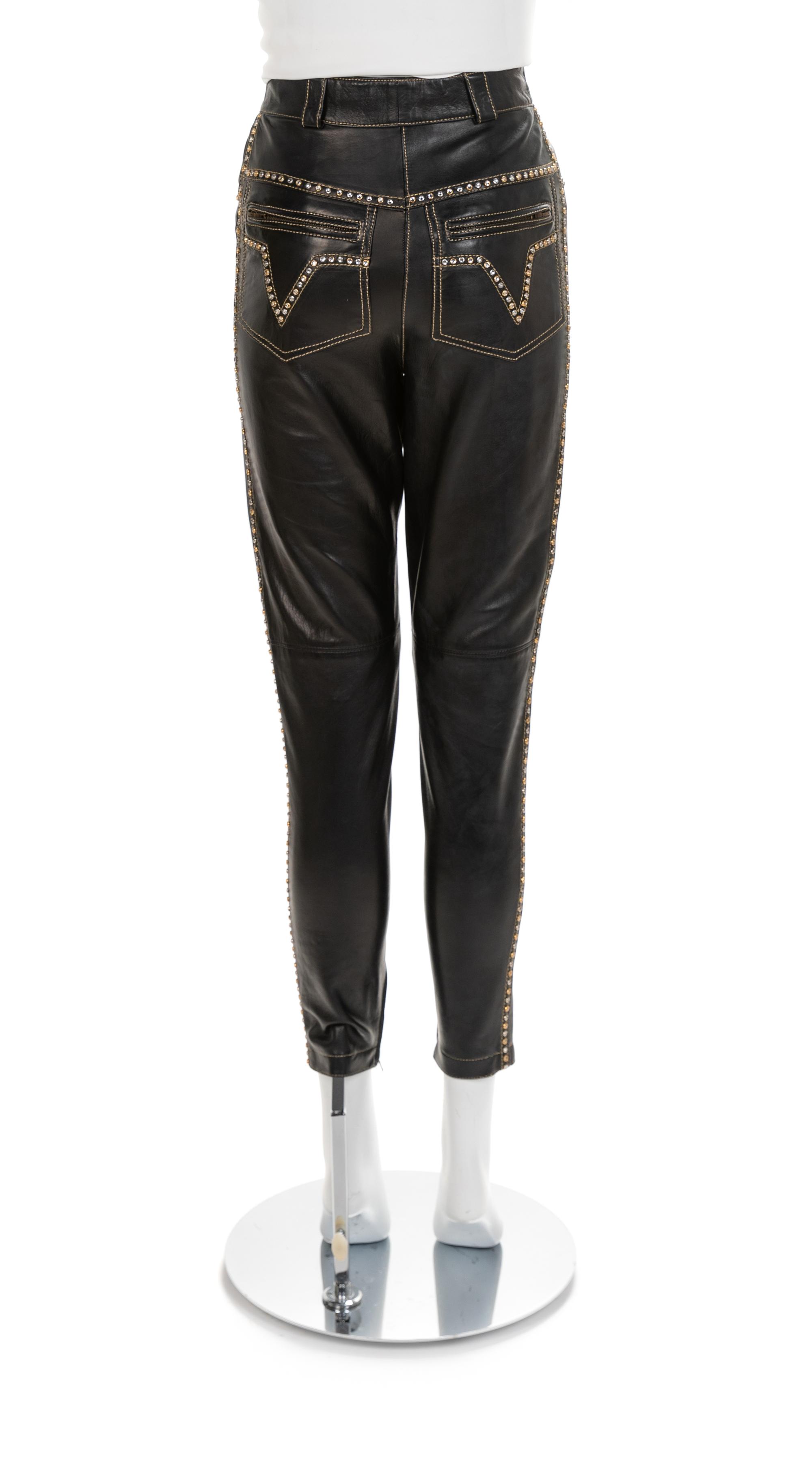 Gianni Versace Black Leather Pants with Rhinestones, 1990s No size label
