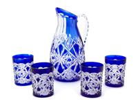 A Baccarat Cobalt Cut-to-Clear Crystal Pitcher and Ten Tumblers Height of pitcher 10 1/2 inches. — LATE 19TH/EARLY 20TH CENTURY