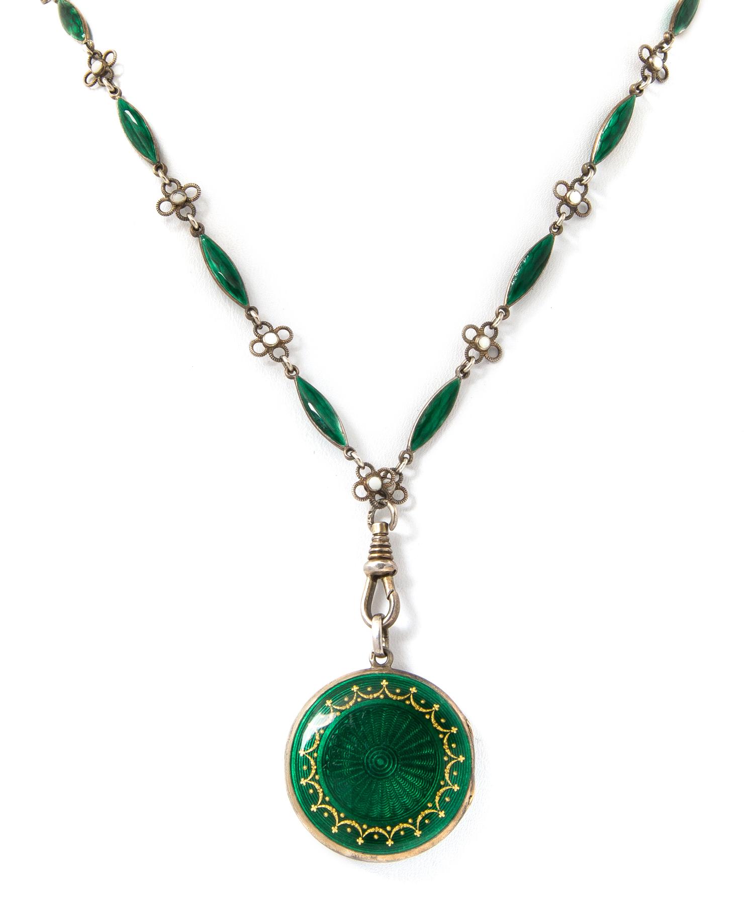 A Silver and Polychrome Enamel Locket and Longchain, 31.00 dwts.
