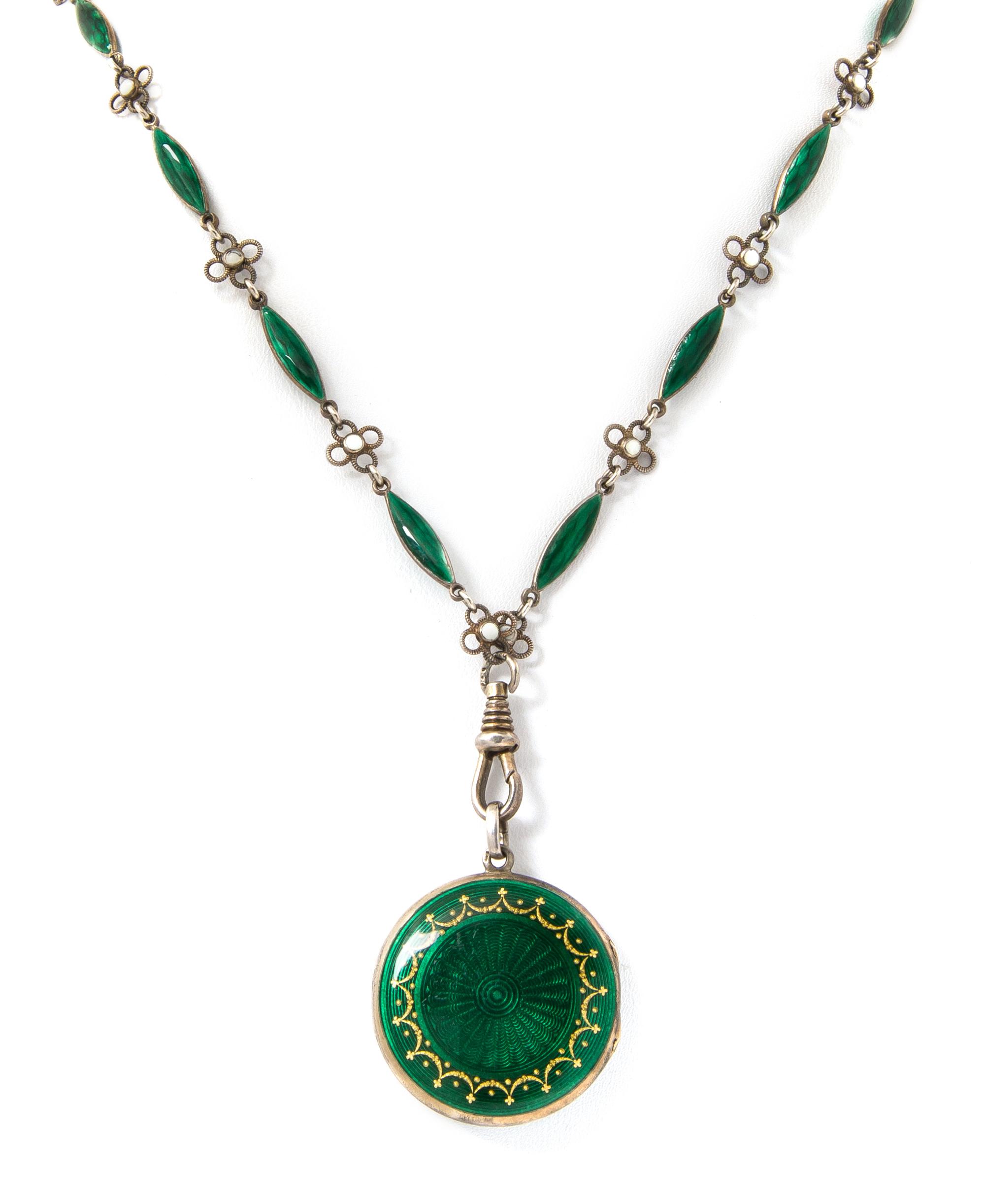 A Silver and Polychrome Enamel Locket and Longchain, 31.00 dwts.