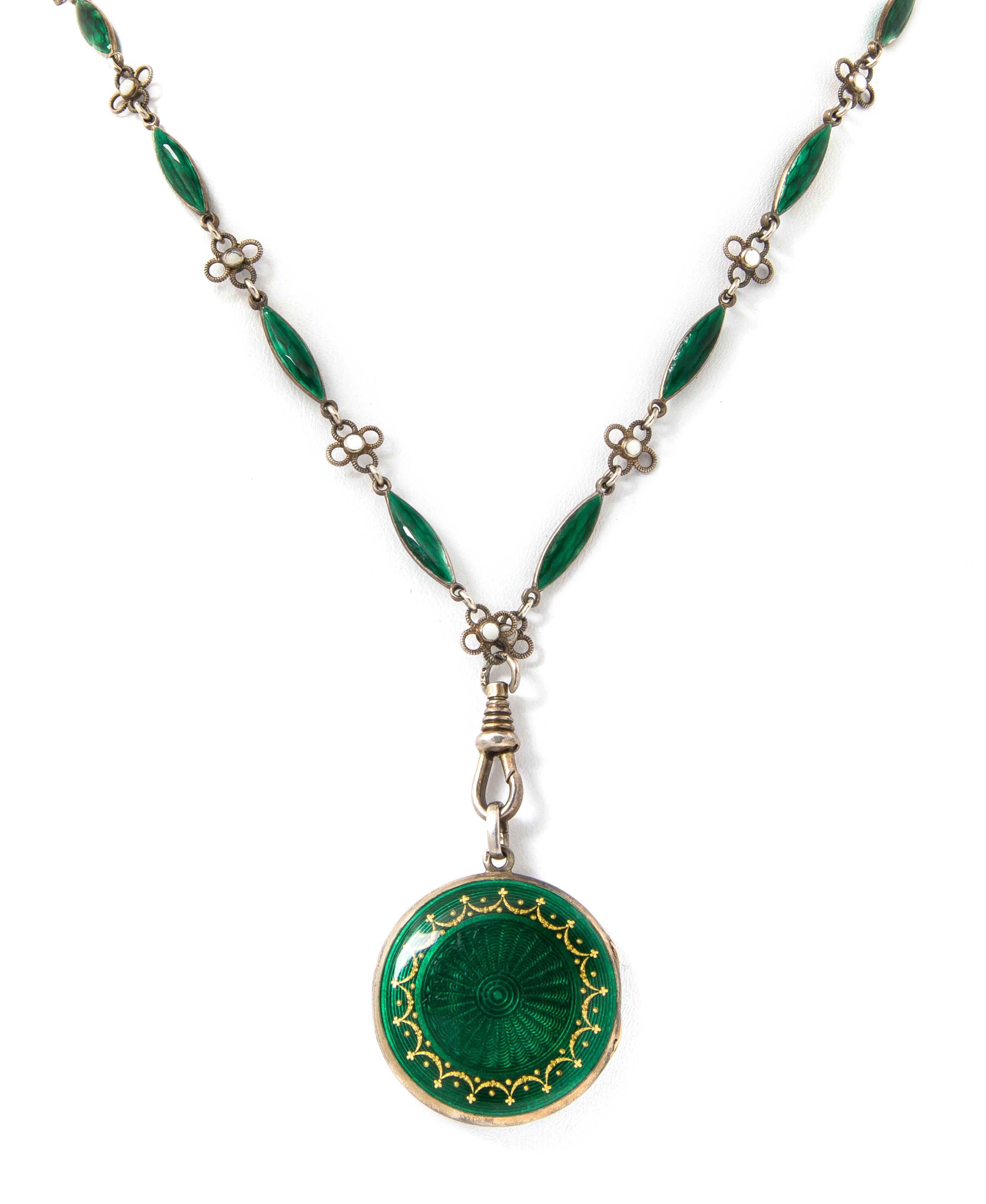A Silver and Polychrome Enamel Locket and Longchain, 31.00 dwts.