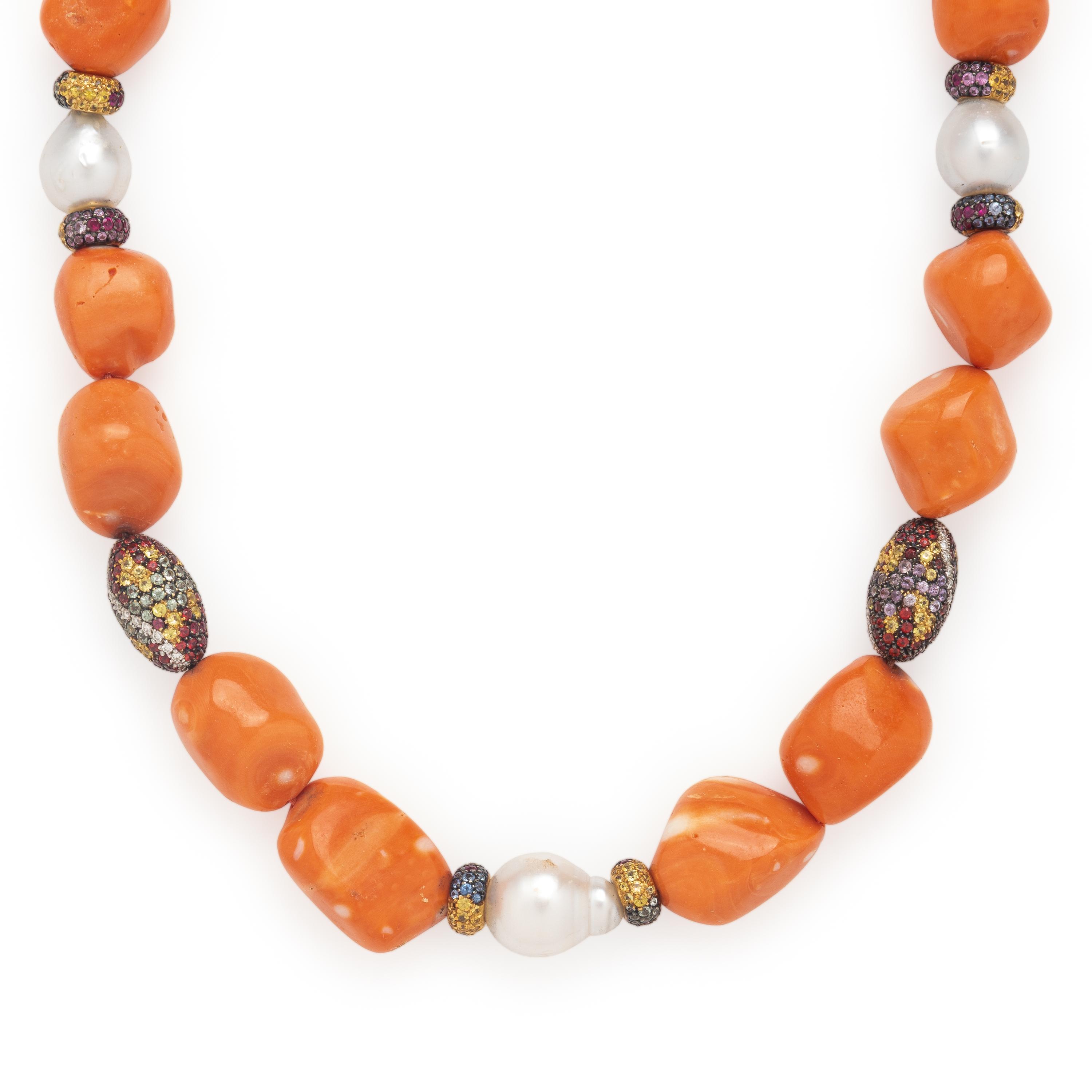 Valente Milano, Coral, Cultured Pearl, and Multigem Necklace