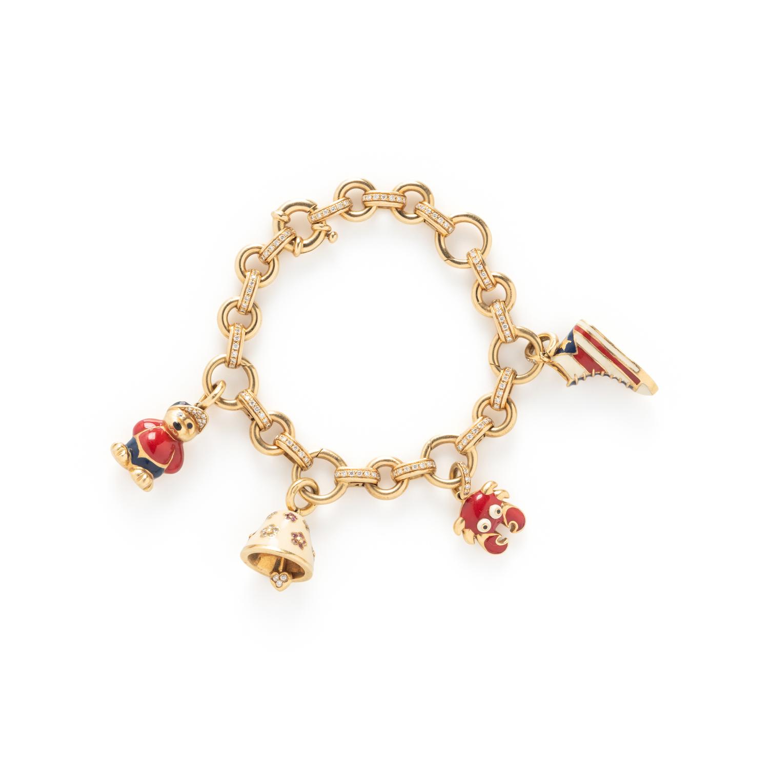 AARON BASHA, YELLOW GOLD, DIAMOND, AND ENAMEL CHARM BRACELET