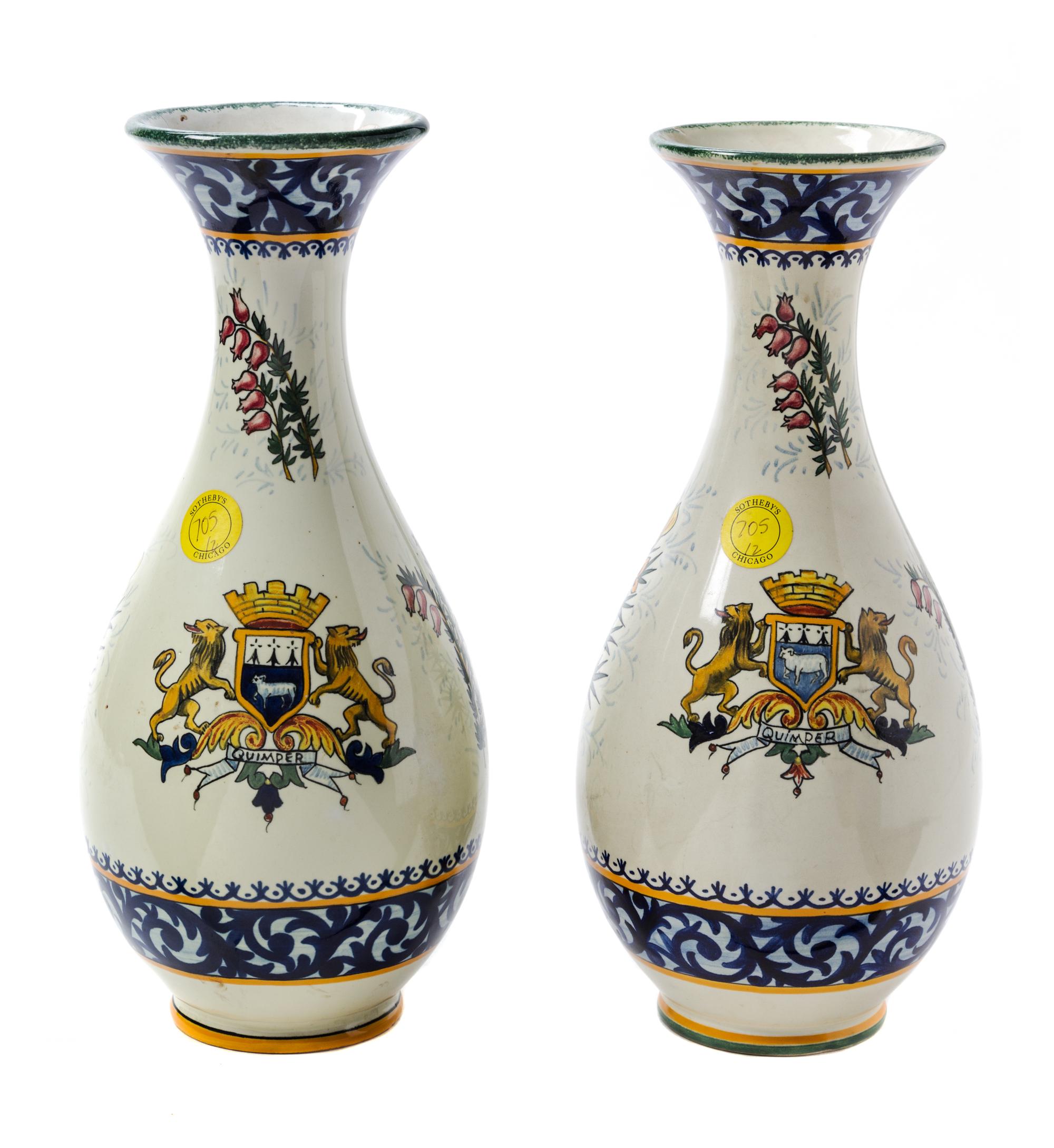 A Pair of Quimper Pottery Vases Height 12 1/2 inches.