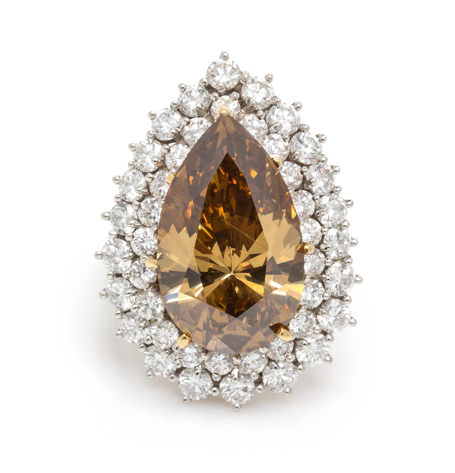 A Platinum, Fancy Deep Brown Yellow Diamond and Diamond Ring/Pendant, 13.60 dwts.