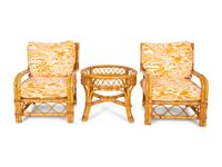 A Pair of Bielecky Brothers Rattan Armchairs and a Side Table