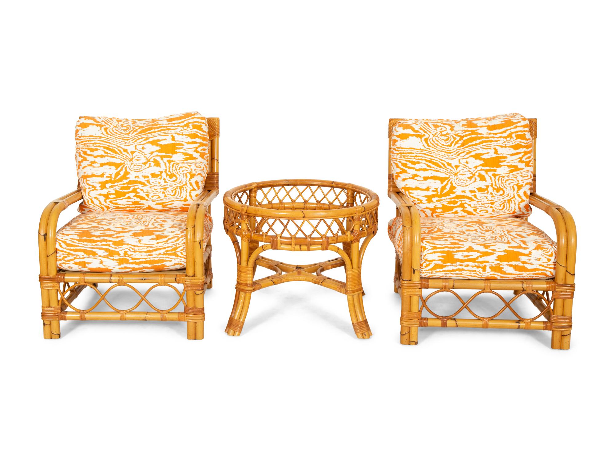 A Pair of Bielecky Brothers Rattan Armchairs and a Side Table