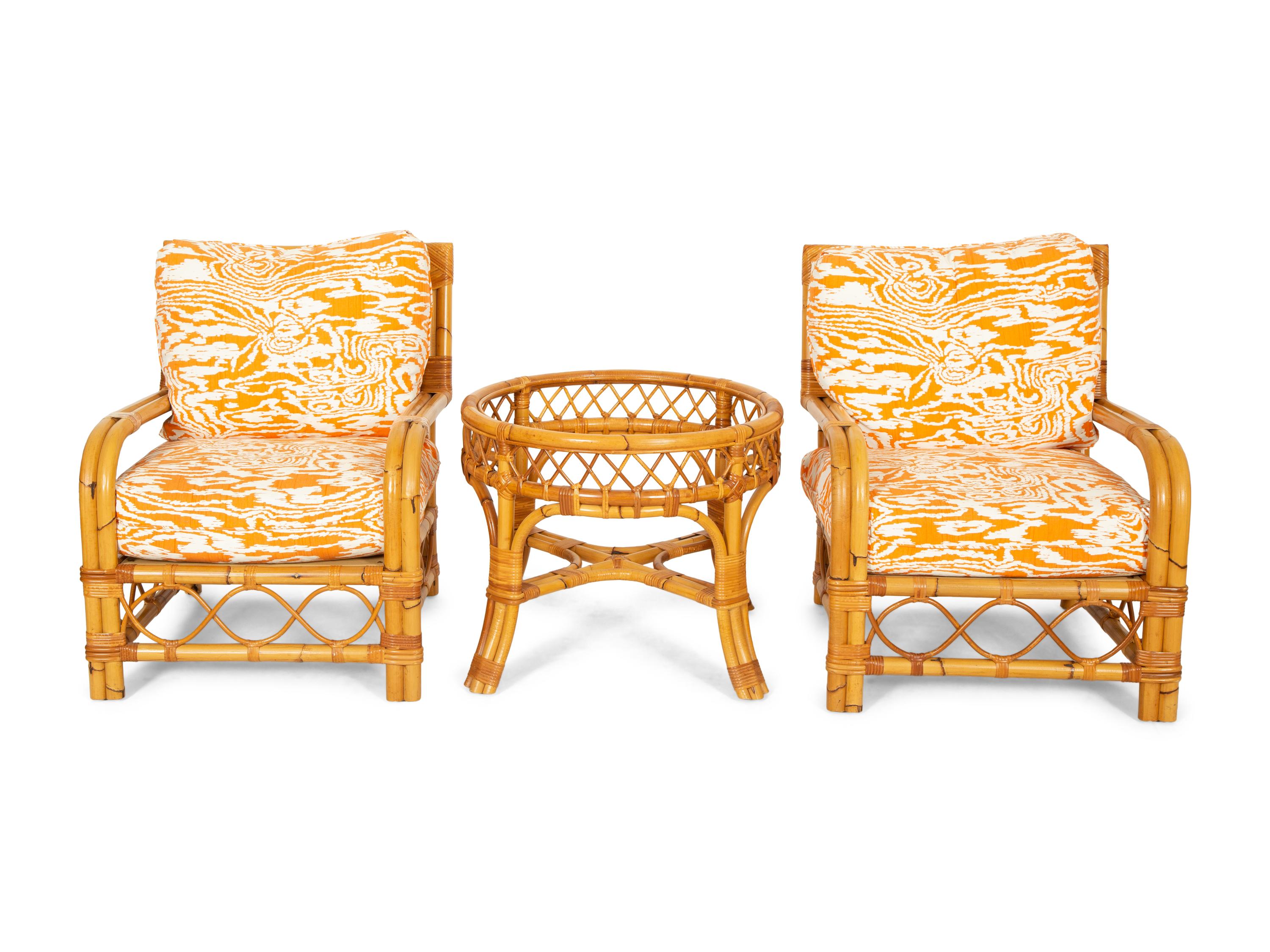 A Pair of Bielecky Brothers Rattan Armchairs and a Side Table