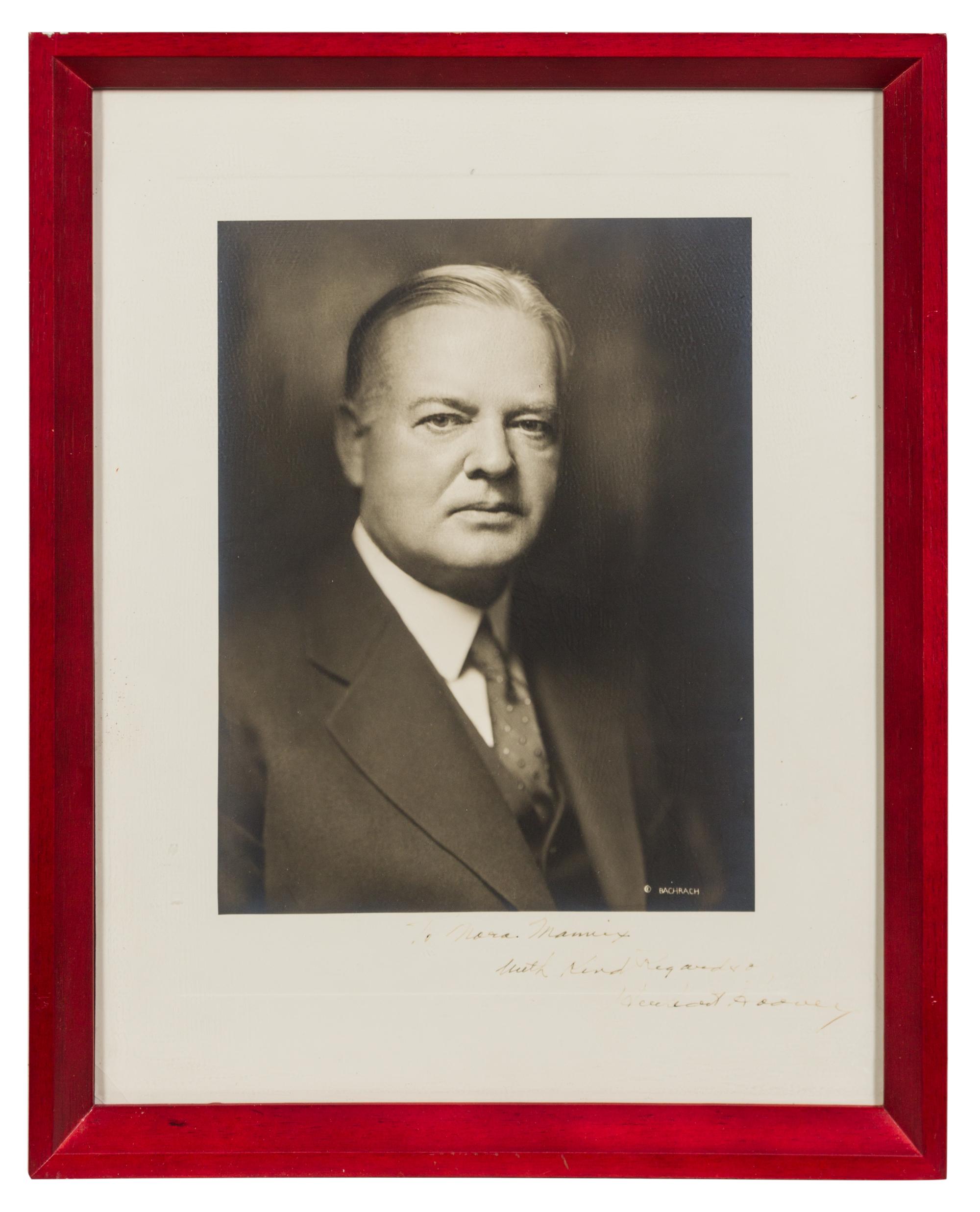HOOVER, Herbert (1874-1964). Photograph signed and inscribed ("Herbert Hoover"), to Nora Mamix, n.d.