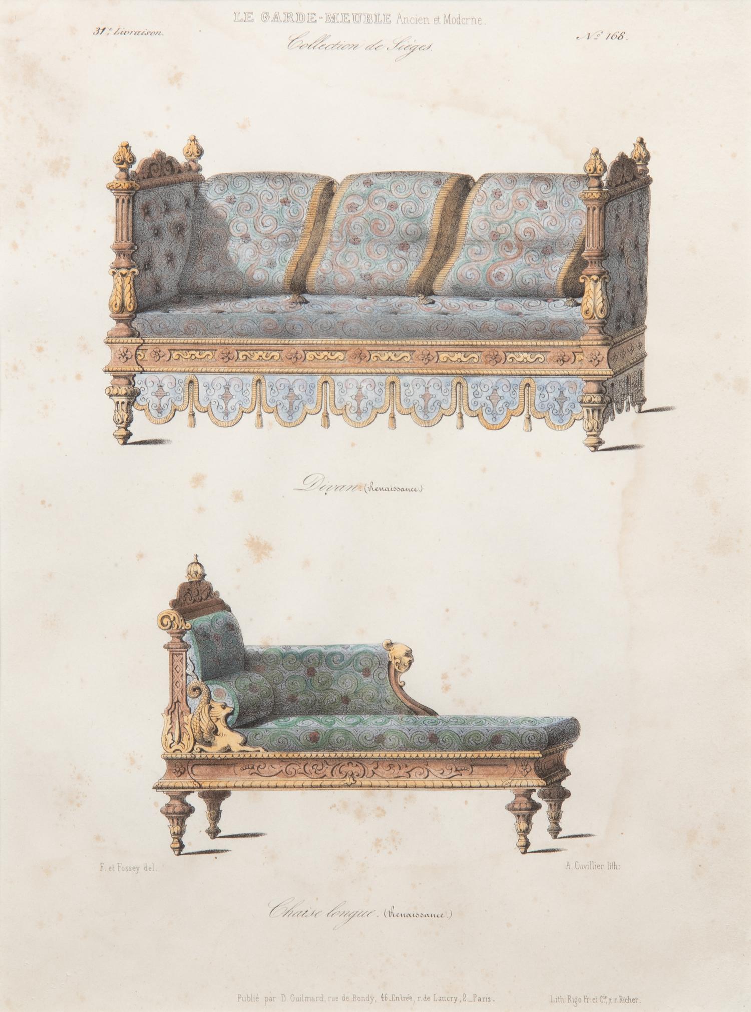 A Set of Eleven Giltwood-Framed French Colored Furniture Engravings