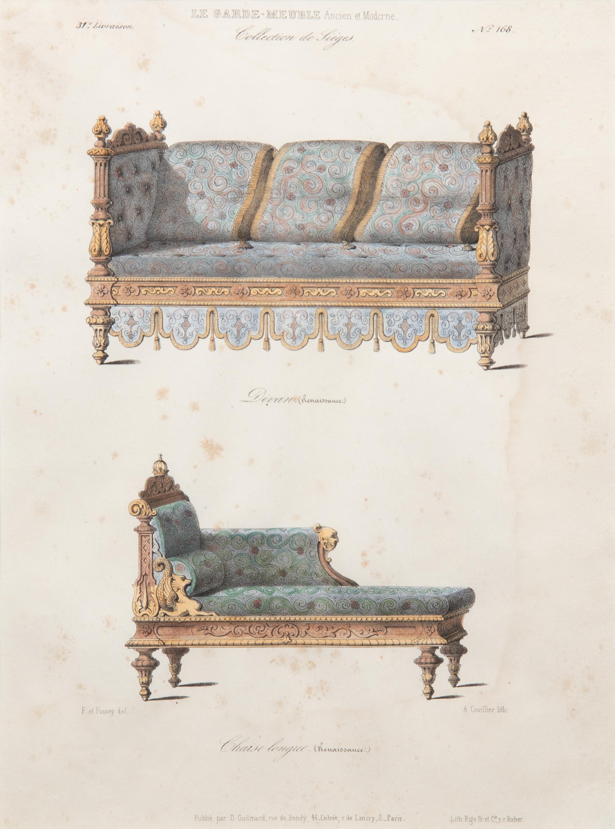 A Set of Eleven Giltwood-Framed French Colored Furniture Engravings