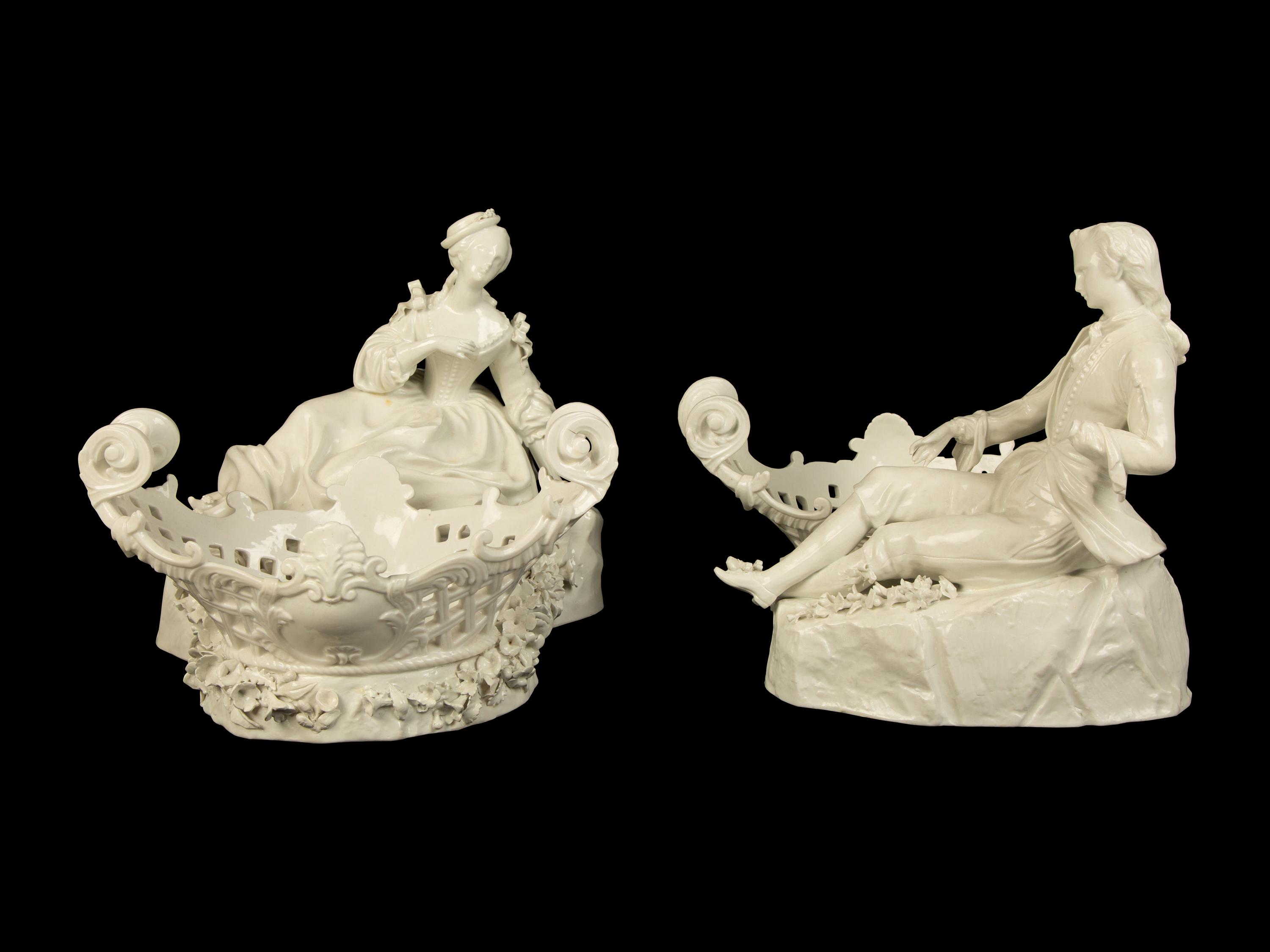A Pair of Large Meissen White Glazed Porcelain Baskets with Figures of a Gentleman and Lady — 19TH CENTURY