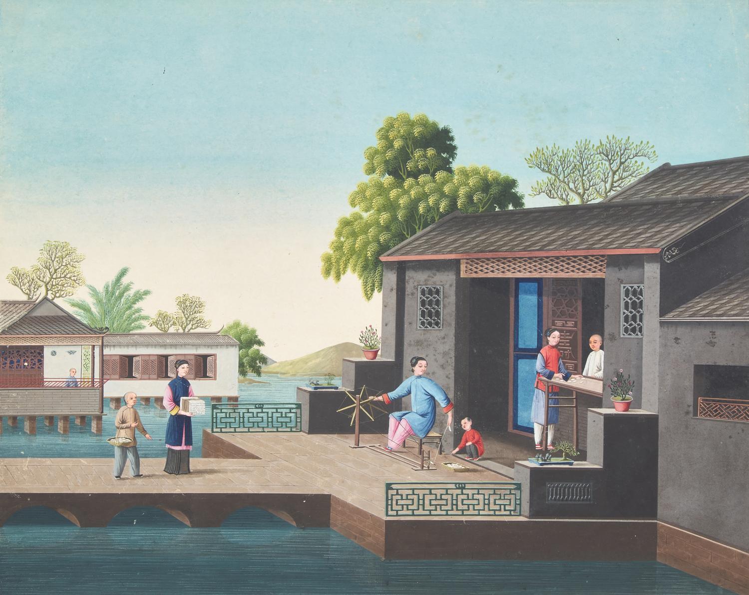 Chinese Export School 19th Century, A Set of Four Paintings Depicting Various Stages of Silk Production