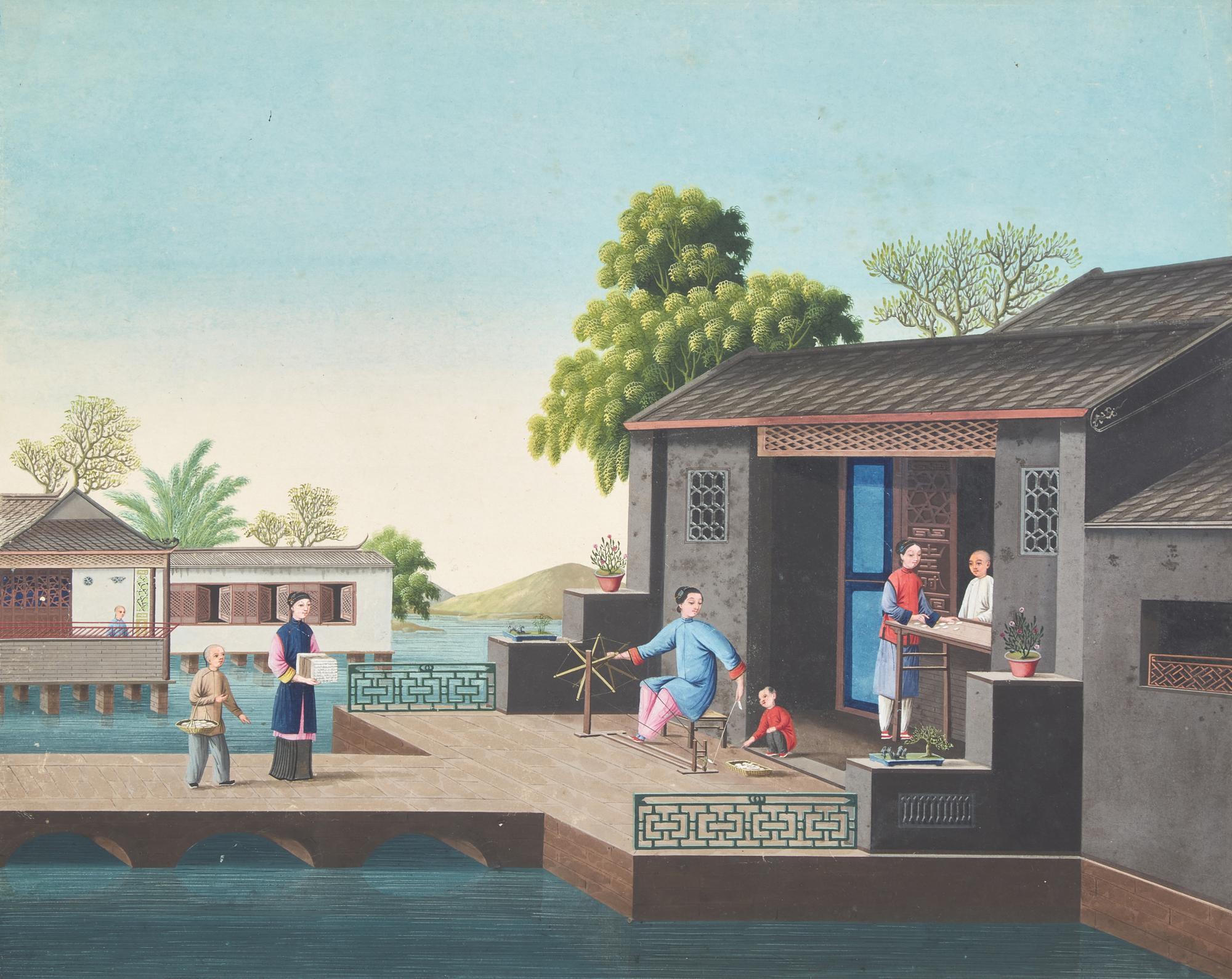 Chinese Export School 19th Century, A Set of Four Paintings Depicting Various Stages of Silk Production