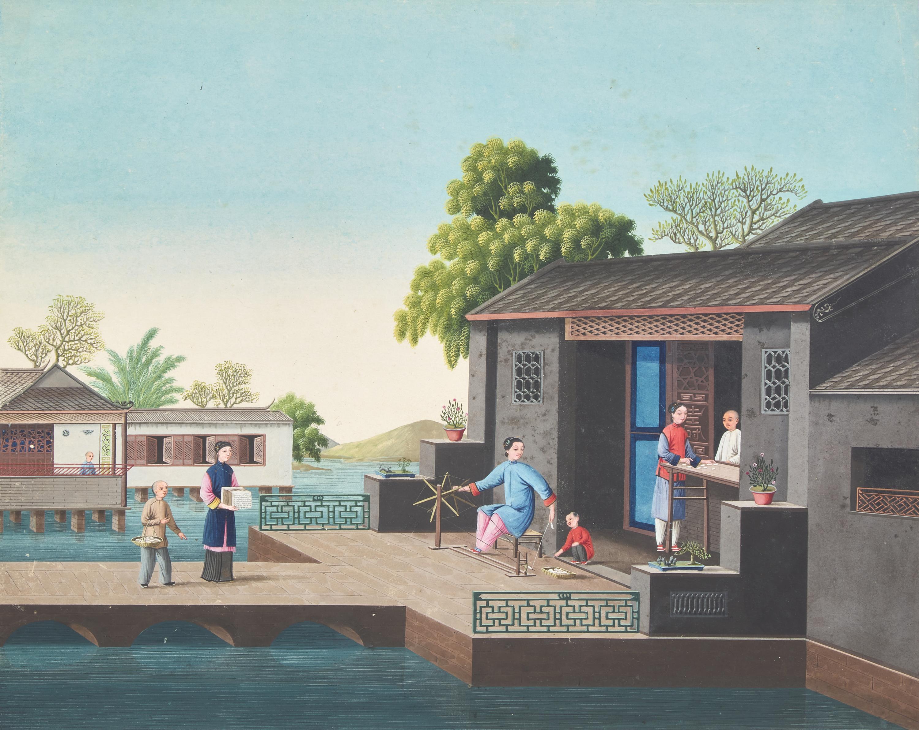 Chinese Export School 19th Century, A Set of Four Paintings Depicting Various Stages of Silk Production