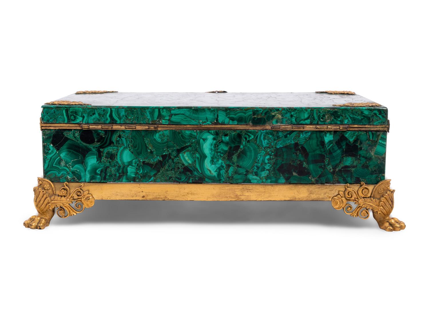 An Empire Style Gilt Bronze Mounted Malachite Veneered Table Casket