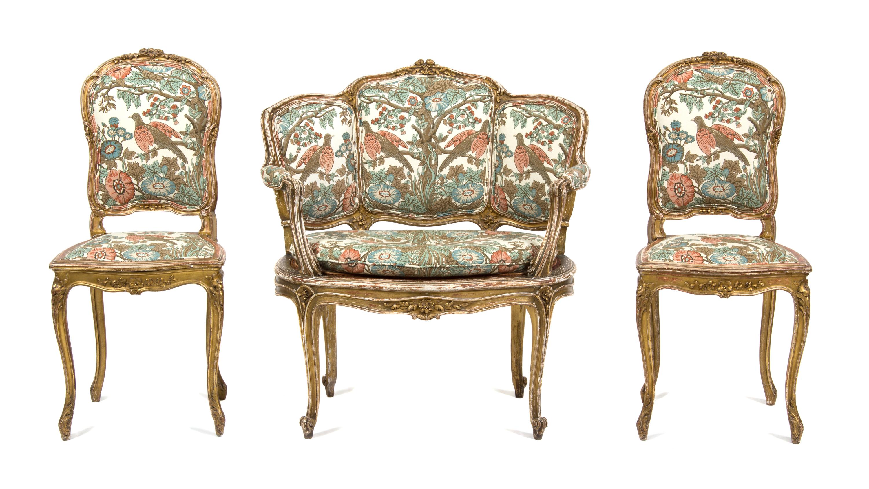 An Assembled Louis XV Style Giltwood Parlor Suite Height of settee 35 x width 33 x depth 22 inches. — LATE 19TH CENTURY