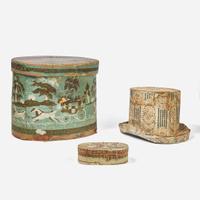 Three wallpaper-covered band boxes; Hanna Davis, Jaffrey, NH, and others, first quarter 19th century