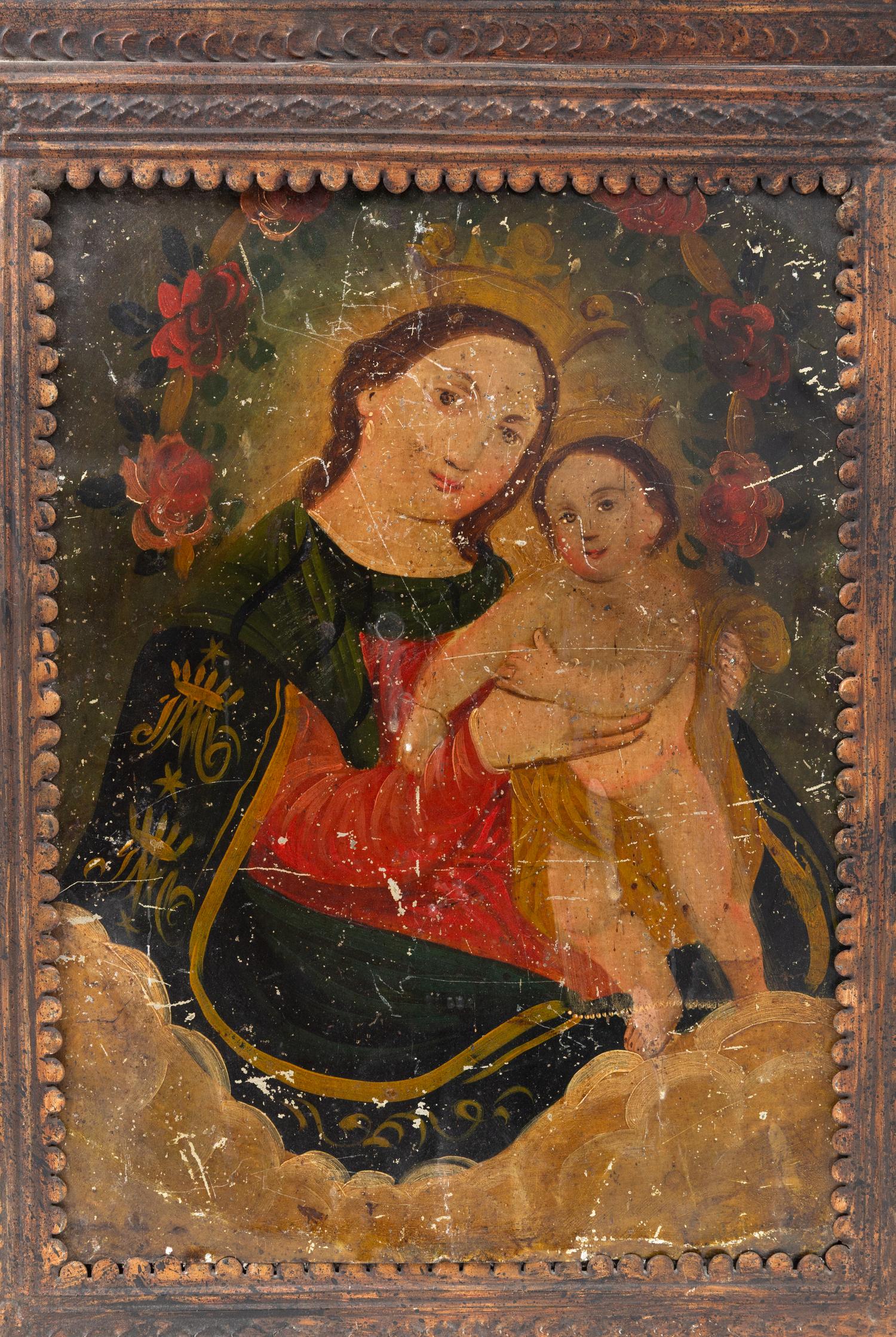 Two Spanish Colonial Retablos in Pressed and Painted Tin Frames
