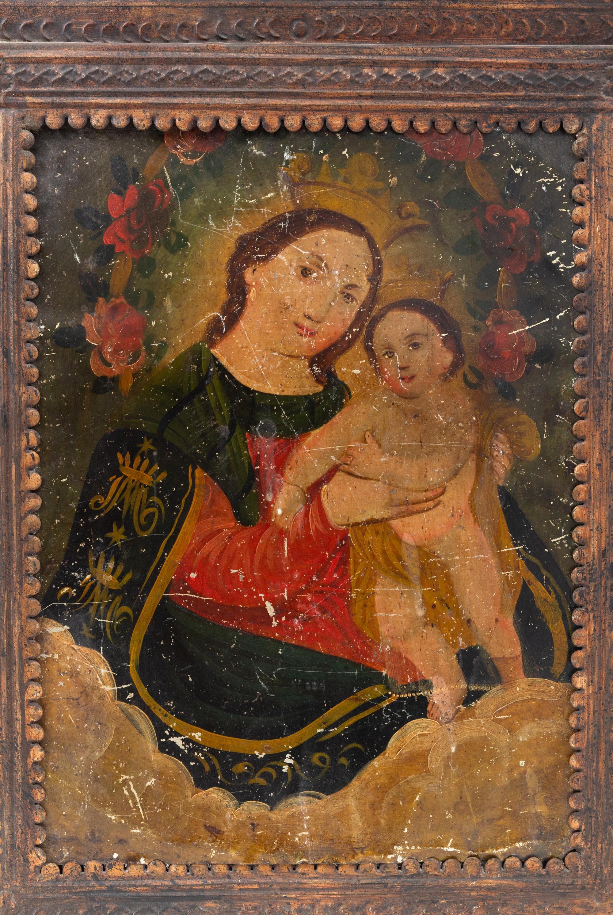 Two Spanish Colonial Retablos in Pressed and Painted Tin Frames