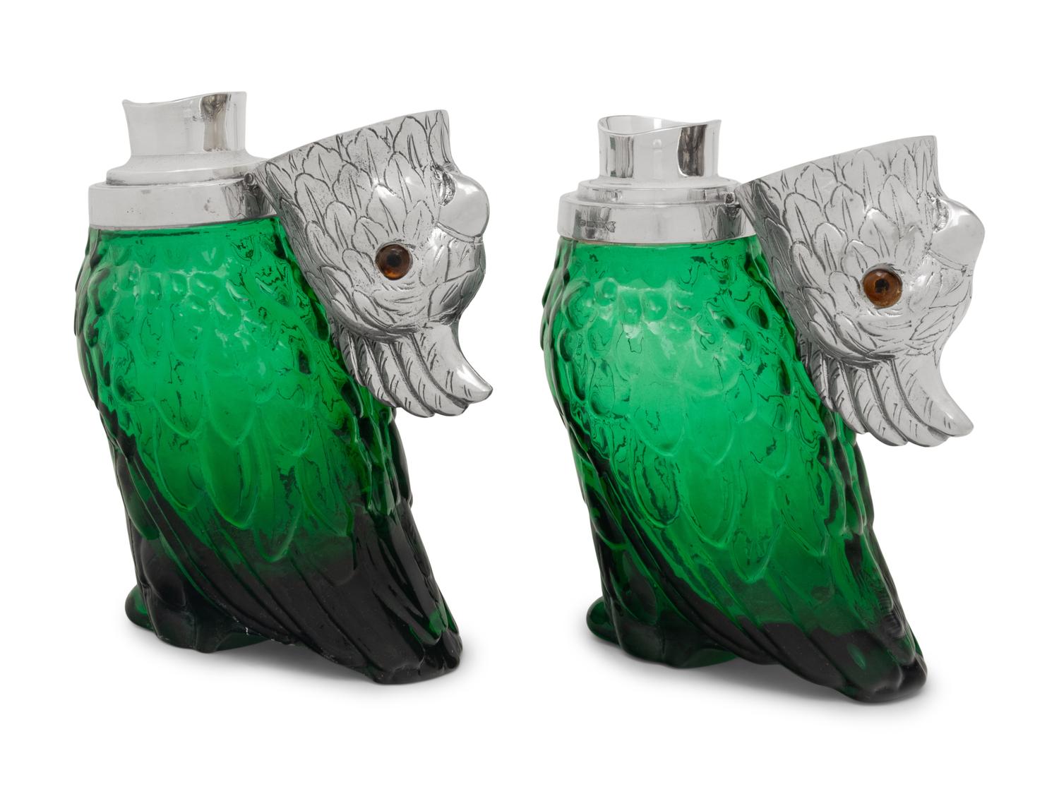 A Pair of Silver-Plate and Green Glass Cockatoo Decanters